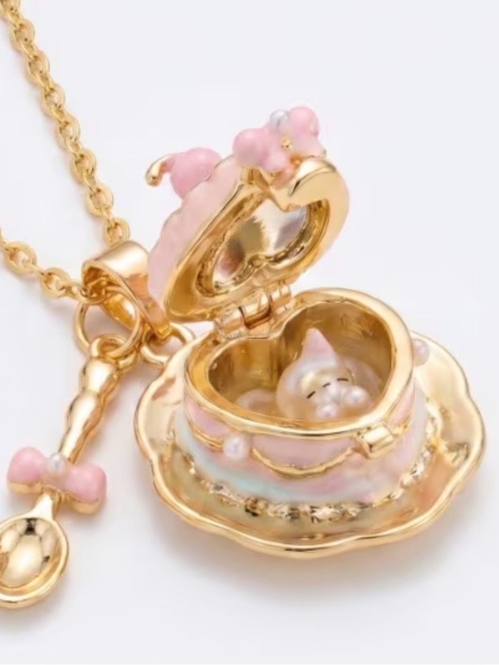 {NEW} Gold & Pink Teacup Locket Necklace with Pearl Charm